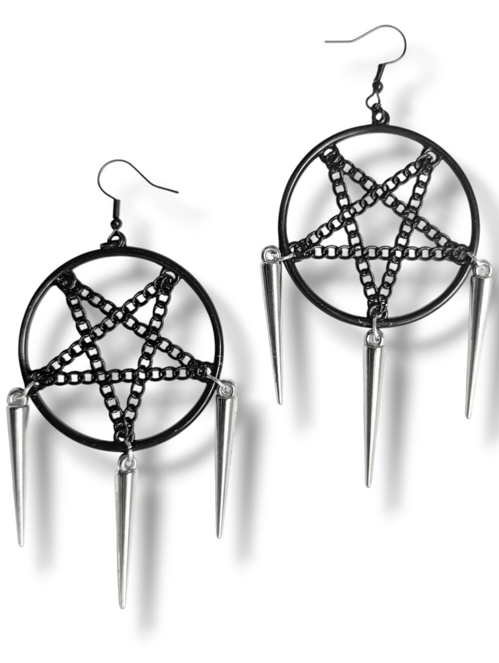 NWT Handmade Black Chain Pentagram Earrings with Silver Dangly Spikes